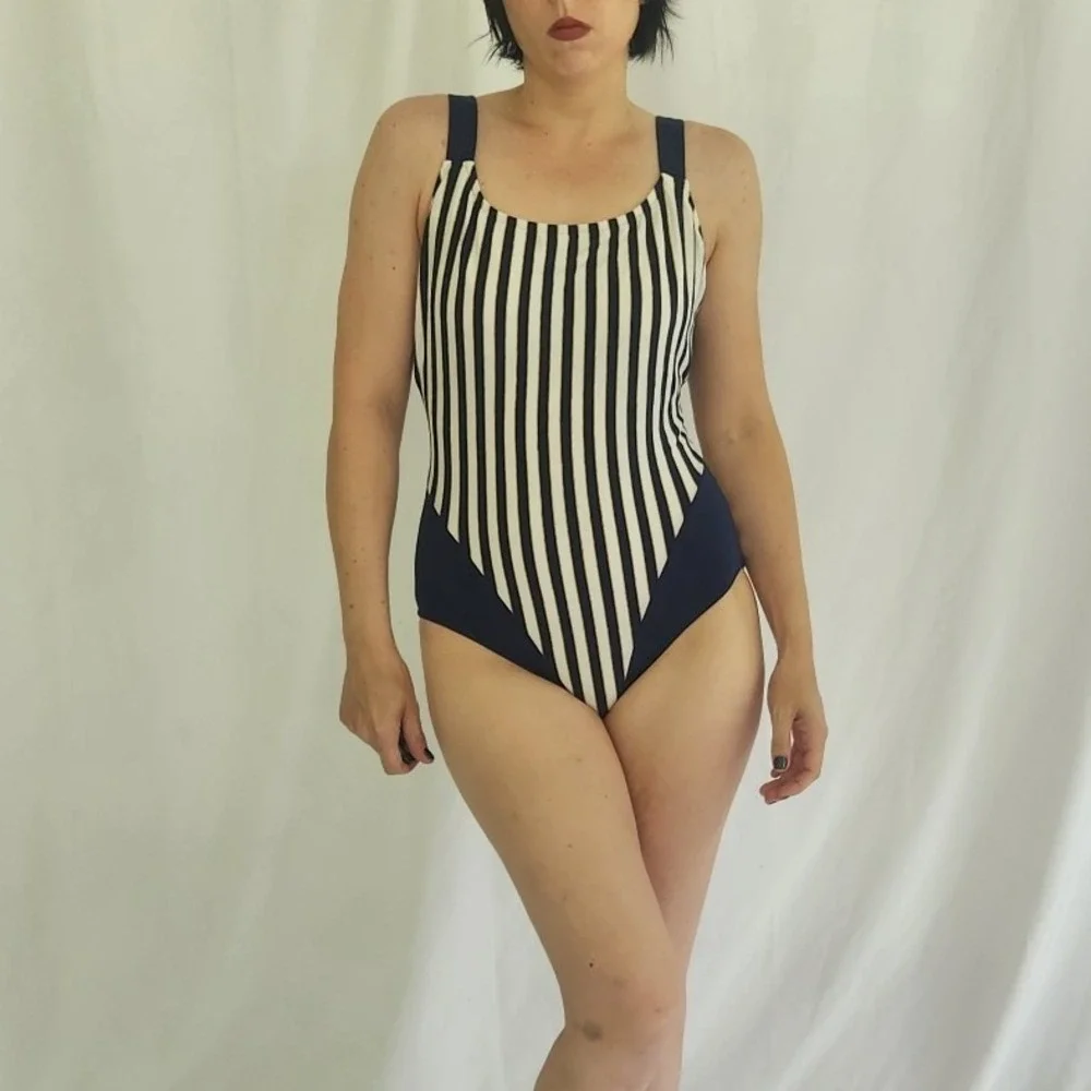 90s Deadstock Jantzen White, Navy, and Gold Striped One Piece Swimsuit
